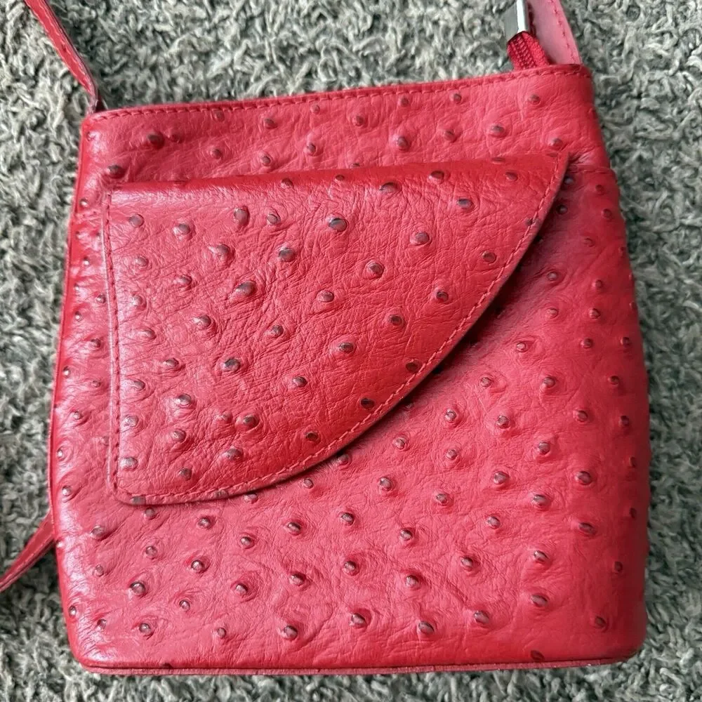 Red Ostrich Leather Crossbody‎ Bag Textured Small Shoulder Purse Zip Top Pocket